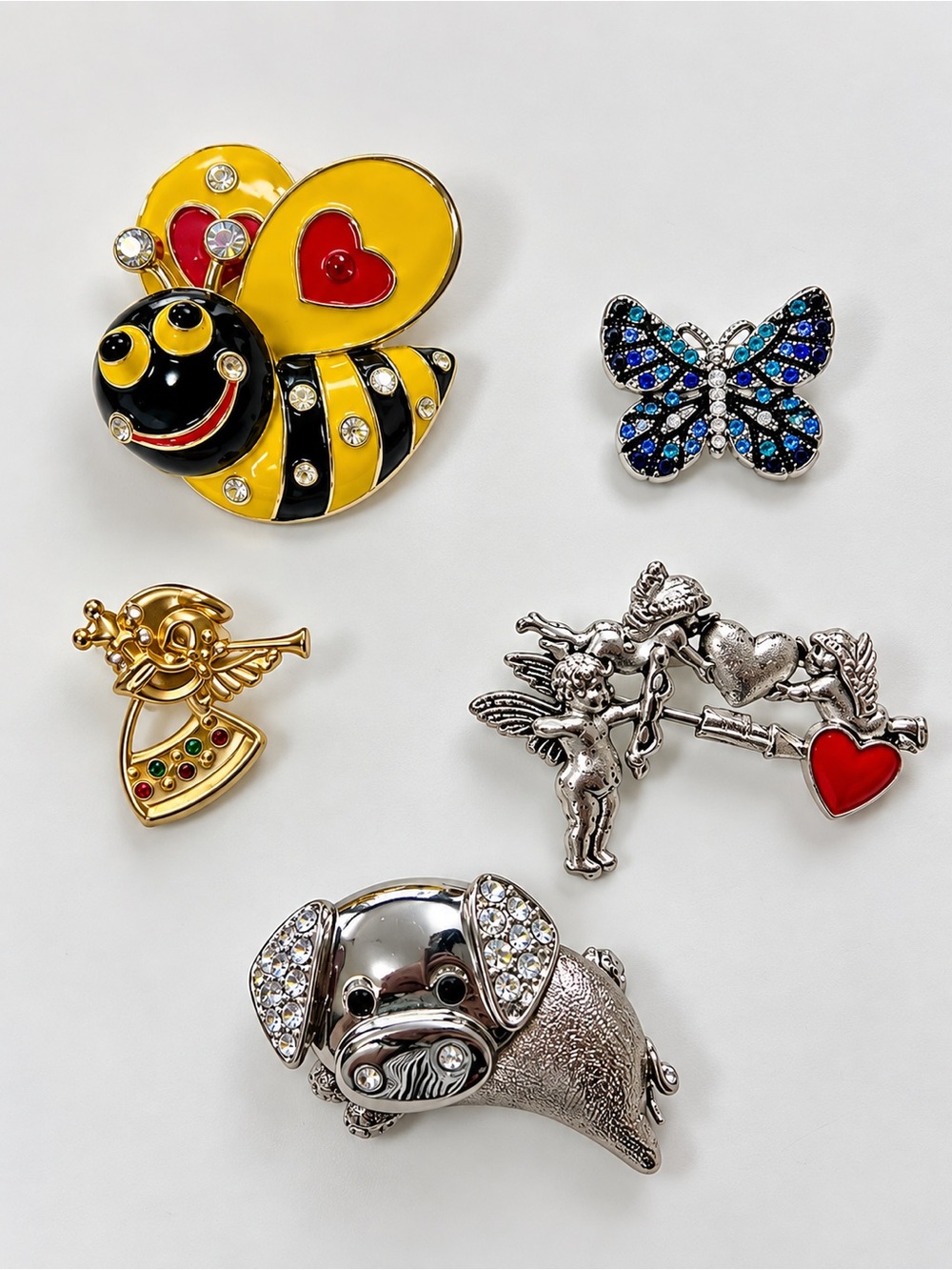 5-Piece Vintage-Style Brooch Pin Lot – Bee, Butterfly, Angel, Cupid & Pig